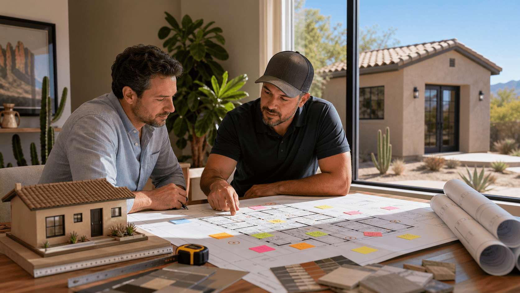 Desert home blueprint with red correction marks, a pencil, and warm Arizona sunset tones.