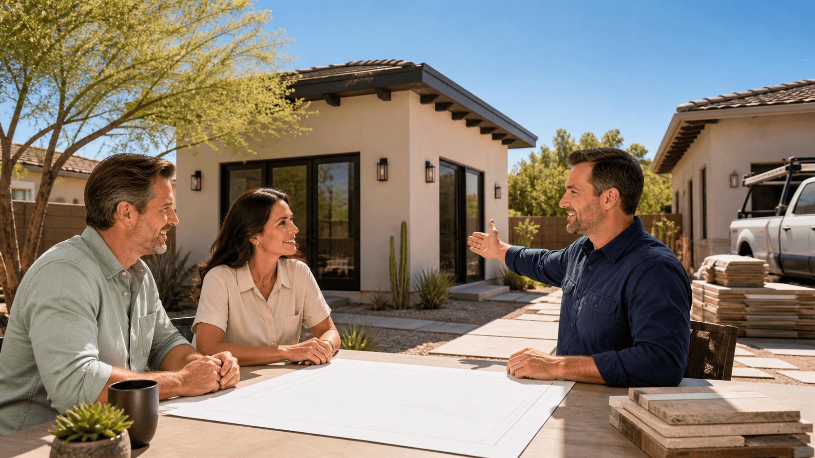 Modern backyard guest house beside a desert-style Phoenix home under bright blue skies.