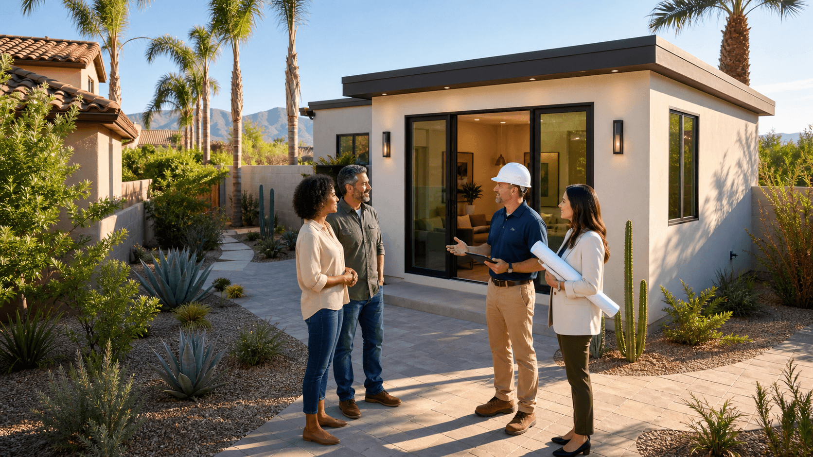 Modern Arizona suburban homes with detached backyard units under a warm desert sunset.