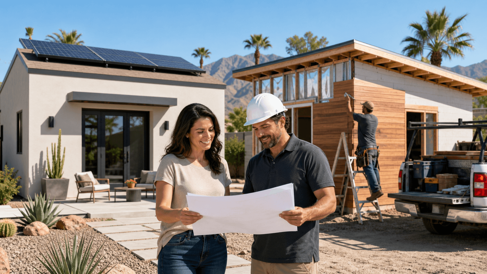 Modern backyard ADU under construction beside a stucco home, with desert landscaping and bright Arizona sunlight.