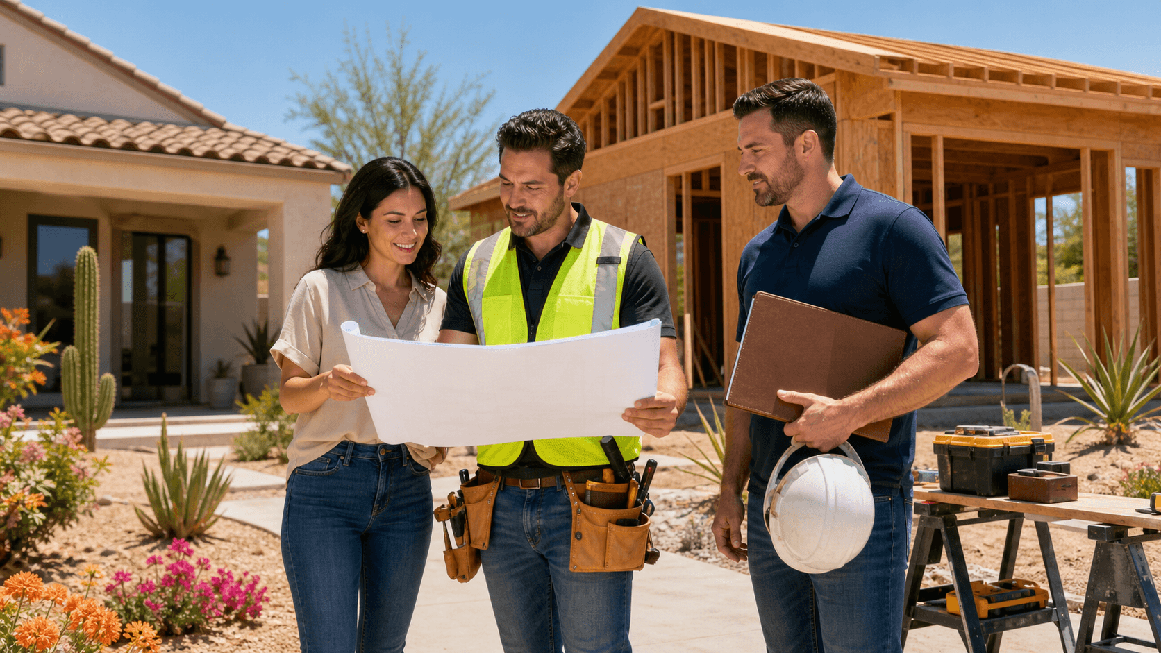 Checklist with red flags beside a house blueprint, hard hat, and documents on a warm desert-toned background