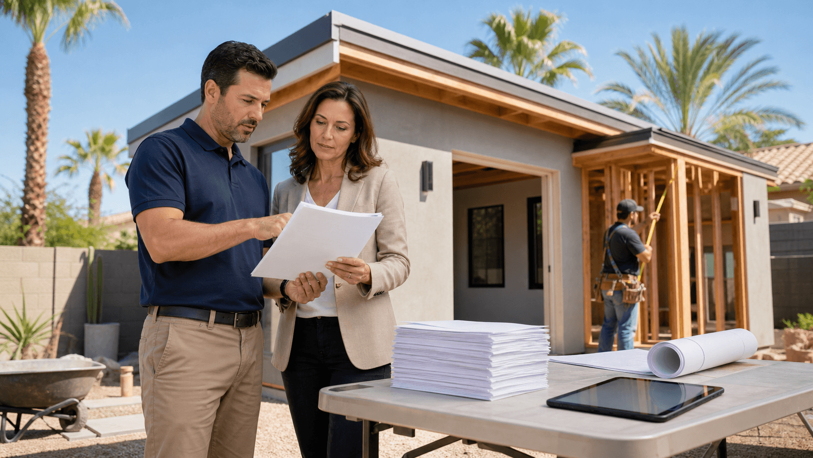 Sunlit suburban backyard with a small modern ADU, blueprints and permit stamps spread across a wooden table.