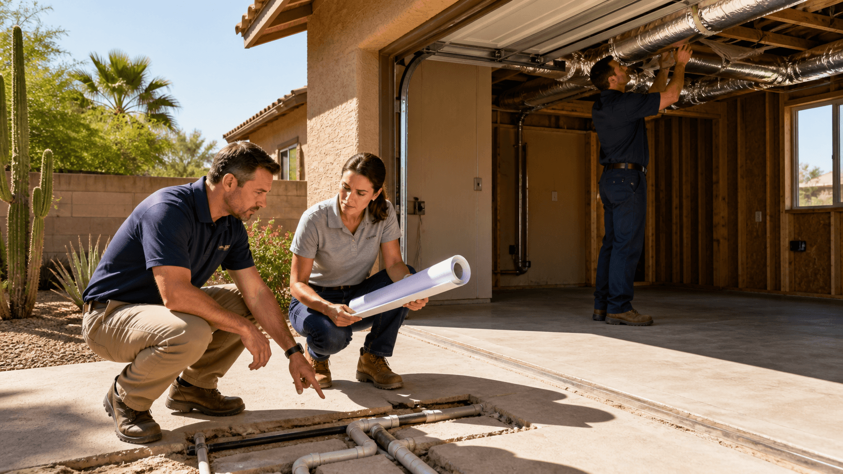 Sunlit Phoenix garage exterior with a checklist overlay, measuring tape, pipes, and HVAC unit icons.