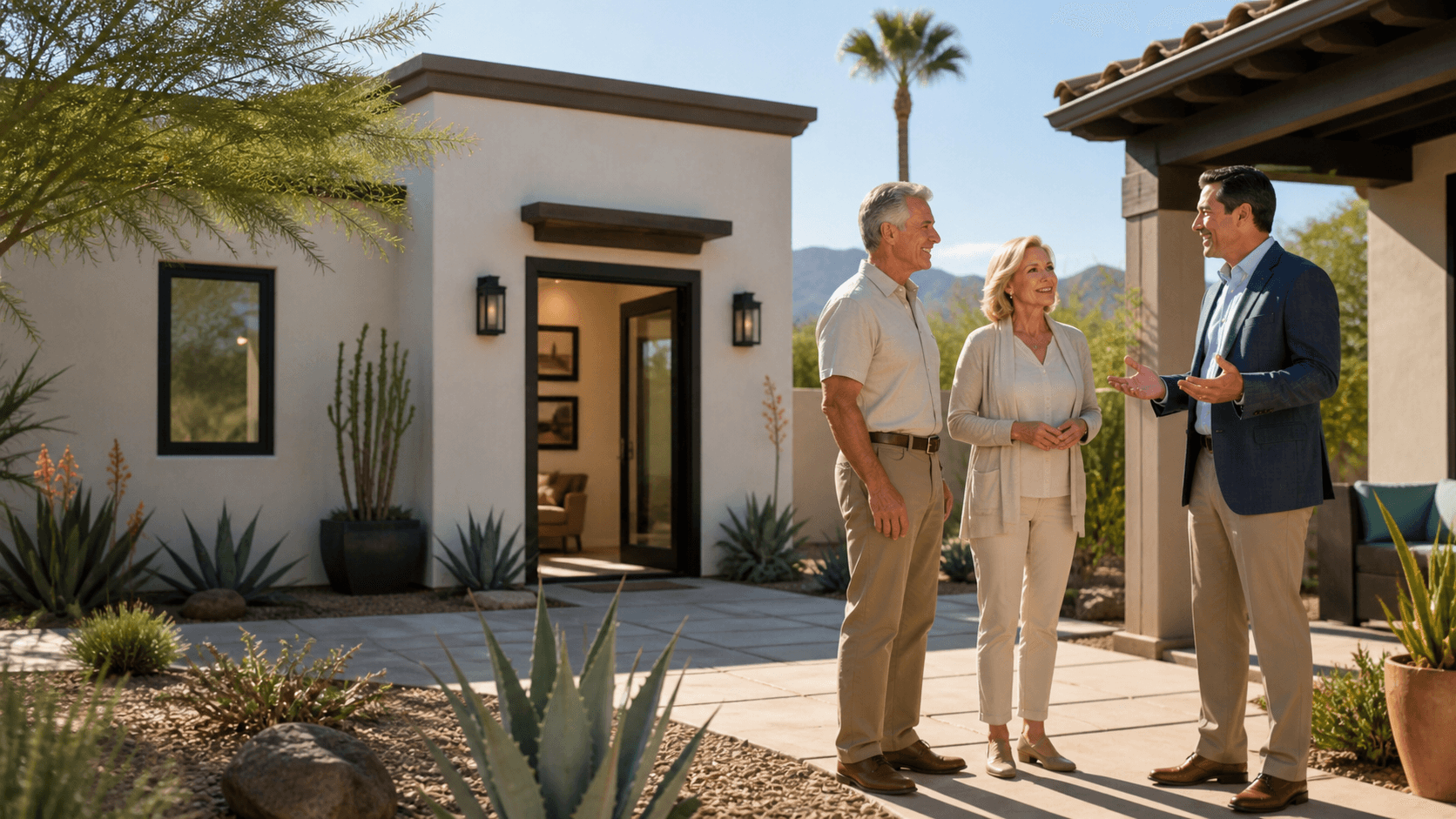 Modern desert guest house beside a stucco home, with cacti, warm sunset light, and mountain views.