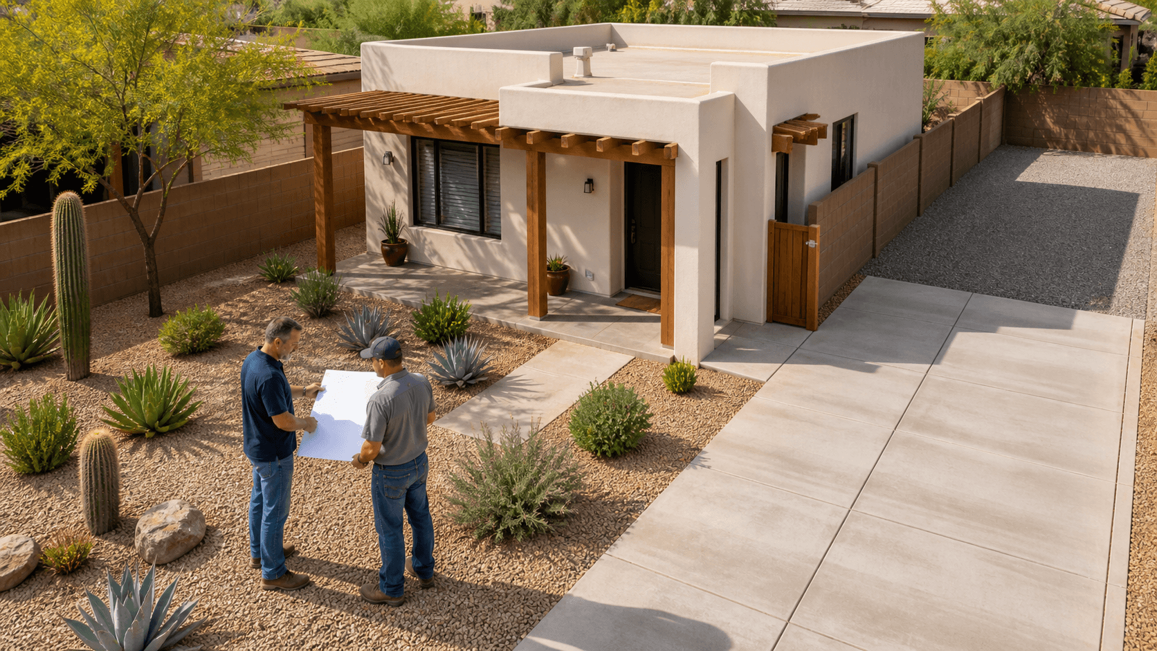 Aerial view of a desert suburban home with a detached casita, driveway parking, and mountain backdrop
