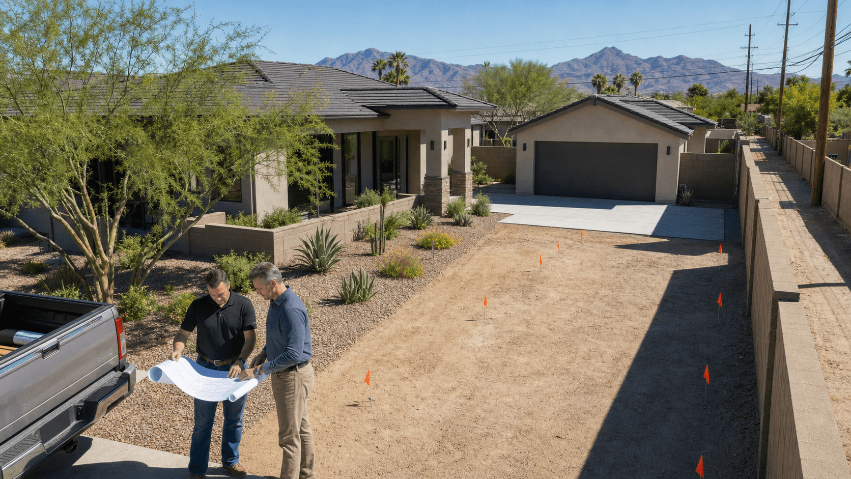 Sunlit desert backyard with a small stucco casita, saguaro cacti, gravel landscaping, and distant mountains.