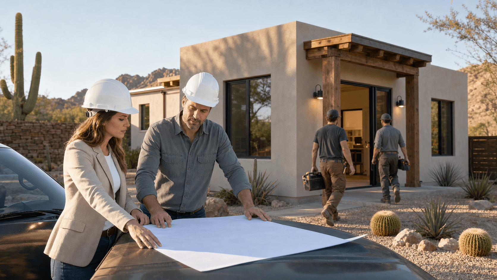 Sunlit modern casita exterior with desert landscaping, stucco walls, large windows, and a paved walkway